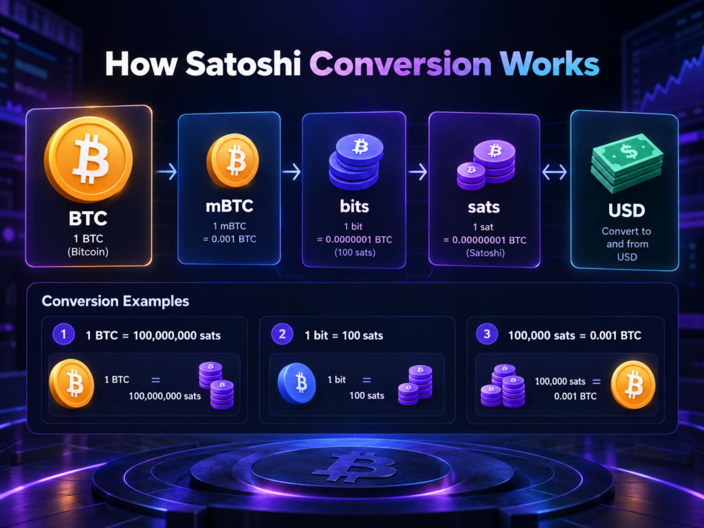 How Satoshi conversion works between BTC, mBTC, bits, sats and USD