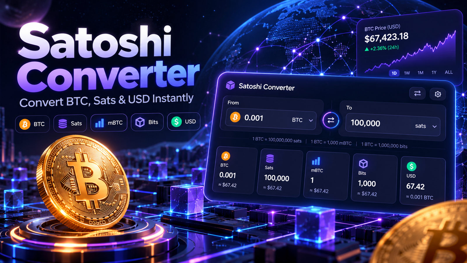 Satoshi Converter for converting BTC, sats, mBTC, bits and USD